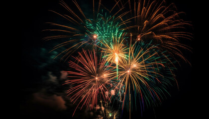 Naklejka premium Vibrant colors illuminate the night sky in explosive celebration generated by AI
