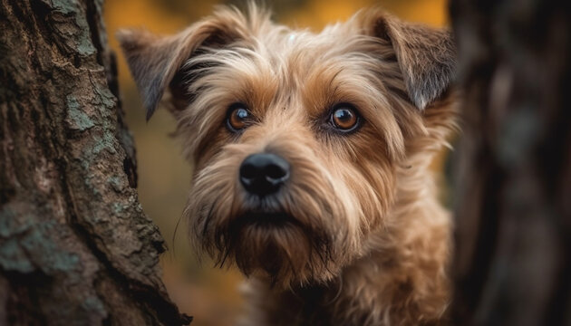 Cute purebred terrier puppy sitting in grass, looking at camera generated by AI