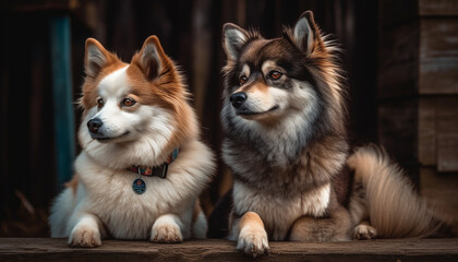 A playful purebred puppy and his fluffy sheepdog friend outdoors generated by AI