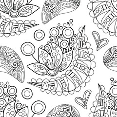 Folkloric Seamless Pattern with Paisley Flower, Nature Inspired Design Element. Ornate Abstract Pattern. Endless Texture for Fabric, Wallpaper etc. Vector Illustration Coloring Book Page