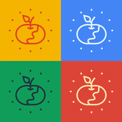 Pop art line Poison apple icon isolated on color background. Poisoned witch apple. Vector