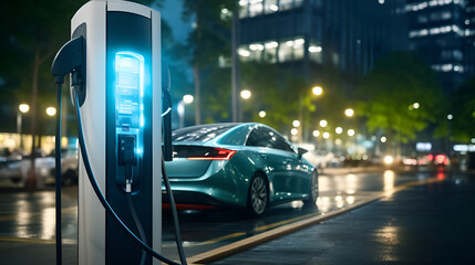 Electrifying Future: EV Car Plug-In at Charging Station with Battery Status Hologram in Green Park – Pioneering Eco Lifestyle and Sustainable Urban Living with Clean Energy Utilization