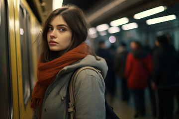 Fototapeta na wymiar Young woman waiting for the subway train on the subway