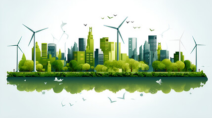 Green Energy in the Modern Metropolis: Wind Turbine Farm and Leaf in Smart City