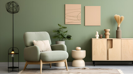 Modern Elegance: Stylish Living Room with Mock-Up Poster Frame and Sage Green Accents and copy space