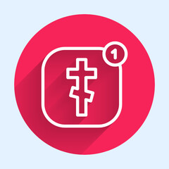 Fototapeta premium White line Online church pastor preaching video streaming icon isolated with long shadow. Online church of Jesus Christ. Red circle button. Vector