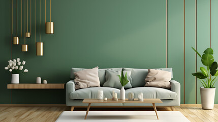 Minimalist Green Interior with Sofa, Table, and Wooden Flooring: 3D Rendering with Copy Space and Stylish Decor