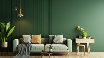Minimalist Green Interior with Sofa, Table, and Wooden Flooring: 3D Rendering with Copy Space and Stylish Decor