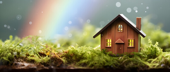 Tiny Eco-Friendly Haven: Miniature Wooden House in a Mossy Forest with Nature's Rainbow