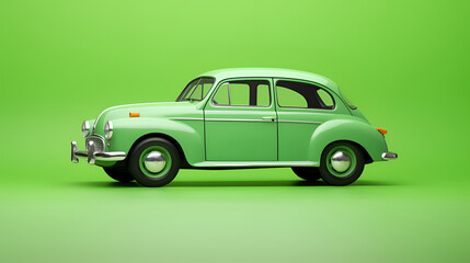 Eco-Friendly Miniature Green Car with Black Wheels on a Green Studio Background: Copy Space for New Advertisements