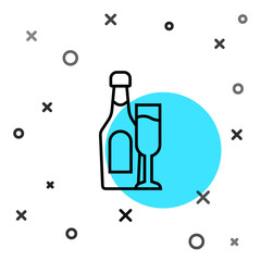 Black line Champagne bottle with glass icon isolated on white background. Random dynamic shapes. Vector