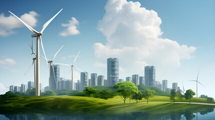 Green Energy in the Modern Metropolis: Wind Turbine Farm and Leaf in Smart City