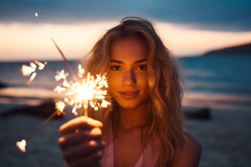 Young woman with sparklers on the beach at sunset - obrazy, fototapety, plakaty