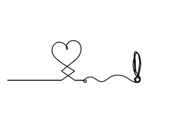 Abstract hearts with exclamation mark as continuous line drawing on white background. Vector - obrazy, fototapety, plakaty