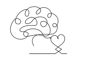 Abstract hearts with brain as continuous line drawing on white background. Vector
