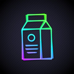 Glowing neon line Paper package for milk icon isolated on black background. Milk packet sign. Vector