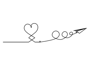 Abstract hearts with paper plane as continuous line drawing on white background. Vector - obrazy, fototapety, plakaty