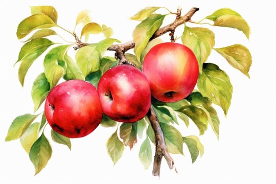 Watercolor painting of apples on a tree, isolated on white. Generative AI