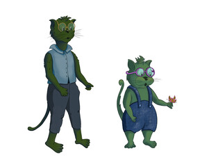 cartoon cat and kitten characters in clothes