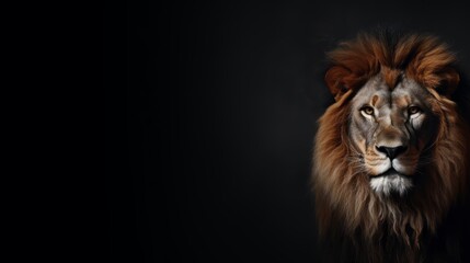 Lion on dark gray background. Wild animals banner with copy space. Generative AI