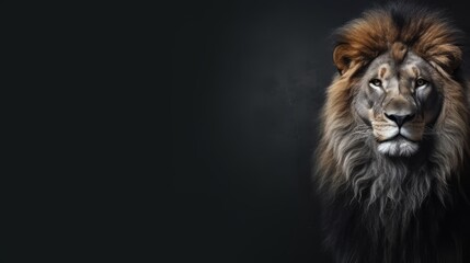 Lion on dark gray background. Wild animals banner with copy space. Generative AI