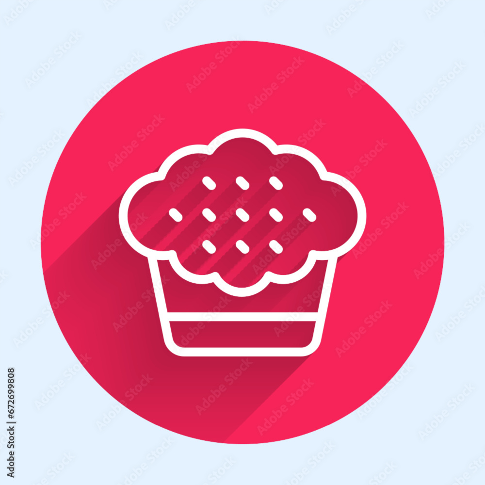 Poster white line muffin icon isolated with long shadow background. red circle button. vector