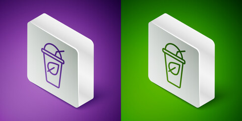 Isometric line Cup of tea with leaf icon isolated on purple and green background. Sweet natural food. Silver square button. Vector