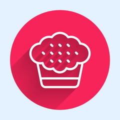 White line Muffin icon isolated with long shadow background. Red circle button. Vector