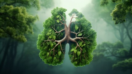 Green tree lungs isolated in a green forest. Health and green environment concept. Generative AI - obrazy, fototapety, plakaty