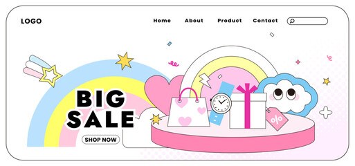 Big sale event ad web template poster banner. Cute flat illustration. Lively and colorful discounts