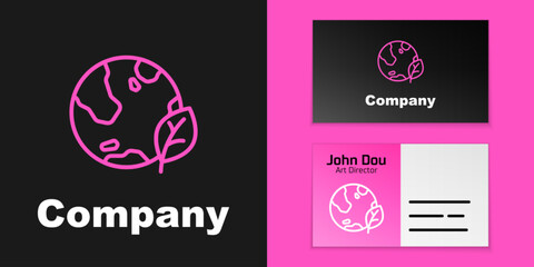Fototapeta premium Pink line Earth globe and leaf icon isolated on black background. World or Earth sign. Geometric shapes. Environmental concept. Logo design template element. Vector