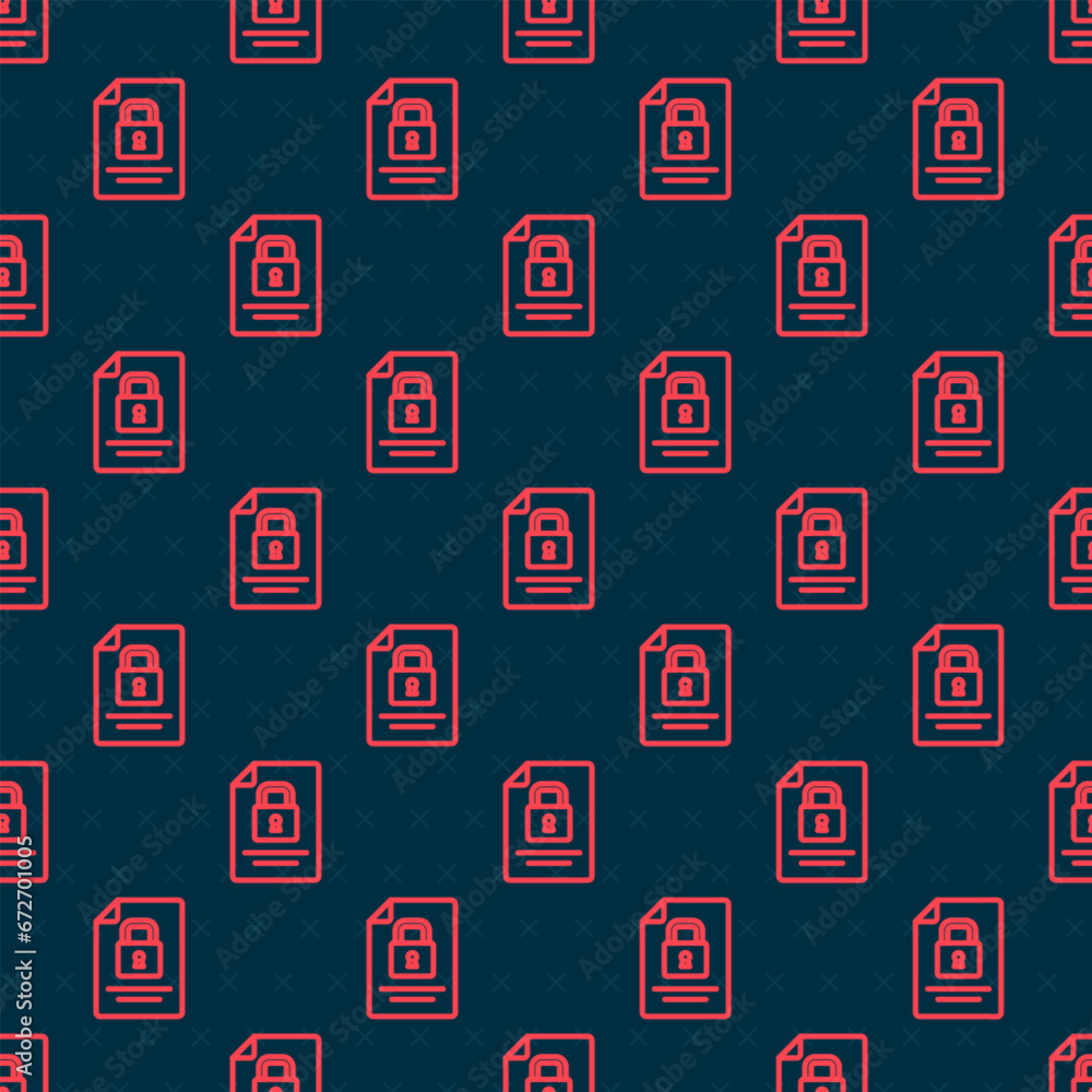 Poster red line document and lock icon isolated seamless pattern on black background. file format and padlo