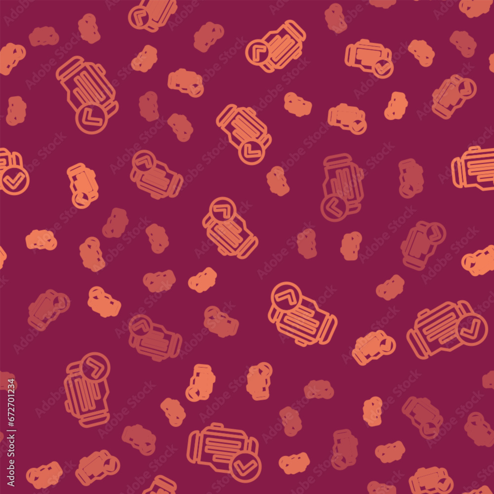 Poster brown line check engine icon isolated seamless pattern on red background. vector