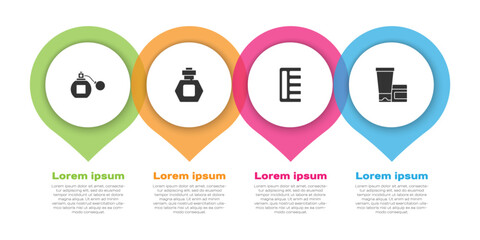Set Perfume, , Hairbrush and Cream or lotion cosmetic tube. Business infographic template. Vector