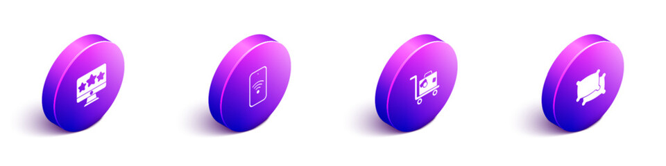 Set Isometric Five stars rating review, Mobile with wi-fi wireless, Suitcase and Pillow icon. Vector