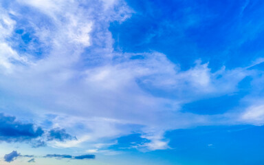 Naklejka na ściany i meble Blue sky with chemical chemtrails cumulus clouds scalar waves sky.
