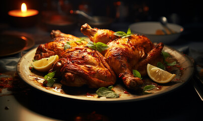 whole chicken grill isolated on black - obrazy, fototapety, plakaty