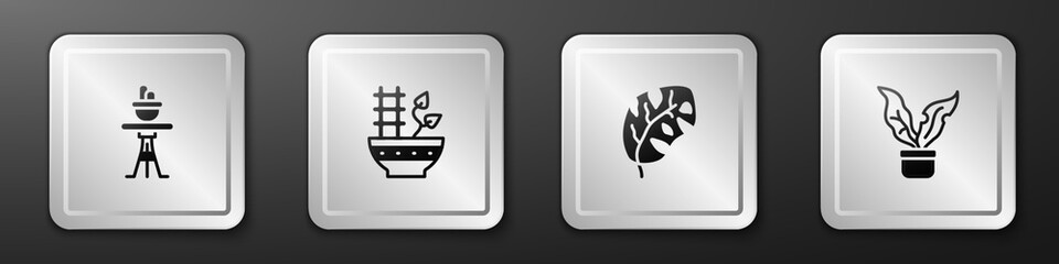 Set Plant in pot on table, , Tropical leaves and icon. Silver square button. Vector