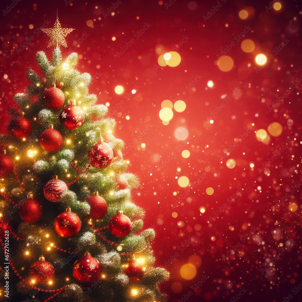 Poster christmas tree with ornament and bokeh lights in red background. ai generative