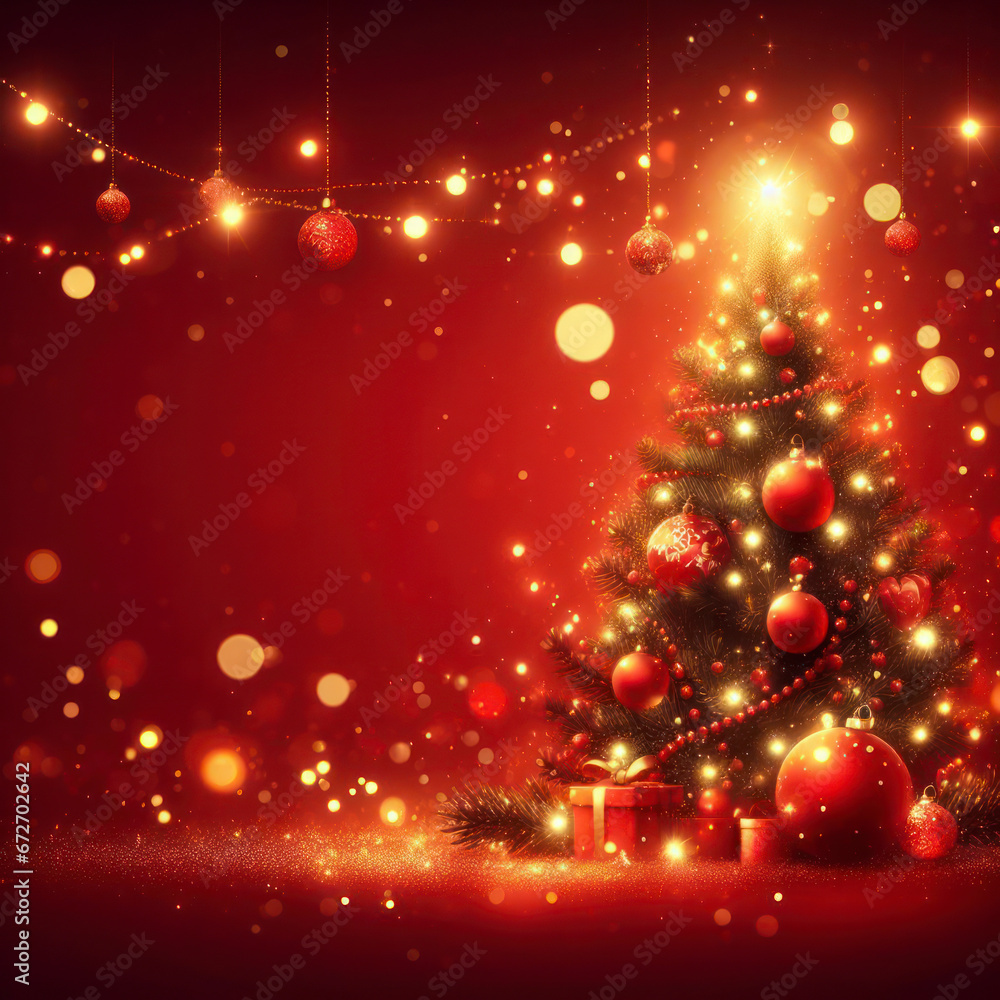 Poster christmas tree with ornament and bokeh lights in red background. ai generative