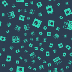 Set Music player, Beer can, Stereo speaker and Bitrate on seamless pattern. Vector