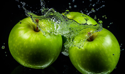 green apple fruits isolated on splash water