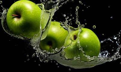 green apple fruits isolated on splash water