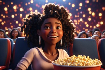 Happy 3d black girl character with popcorn watching a movie in a cinema theater. ai generative - obrazy, fototapety, plakaty