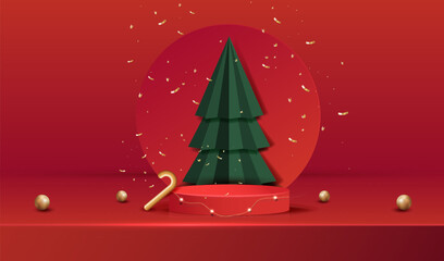 Christmas red background with podium, 3d geometric trees and gold candy cane. Holiday x-mas showroom scene for display present sale product vector.