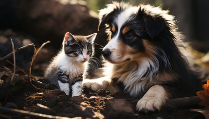 Cute pets playing together, a puppy and a fluffy kitten generated by AI