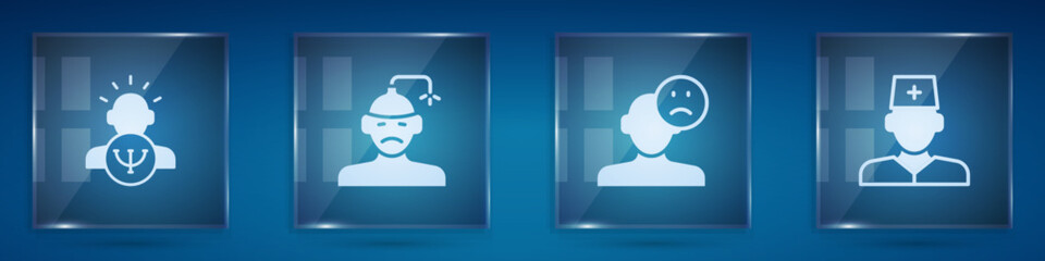 Set Psychology, Concussion, headache, Sad and depressed man, bad mood and Male doctor. Square glass panels. Vector