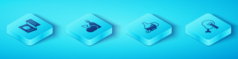 Set Isometric Vegetarian food menu, Apple cider vinegar in bottle, Genetically modified chicken and Bottle of olive oil icon. Vector