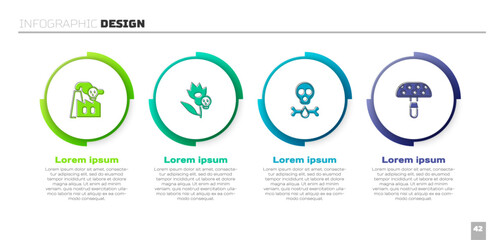 Set Smoke from factory, Poison flower, Bones and skull and Fly agaric mushroom. Business infographic template. Vector
