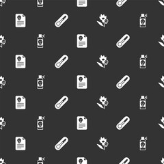 Set Poison flower, Spray against insects, Radiation warning document and Thermometer on seamless pattern. Vector